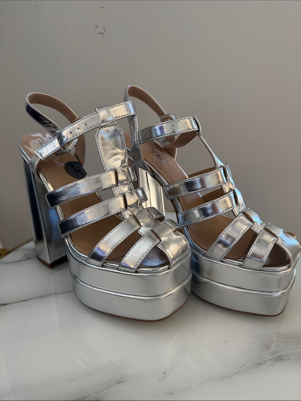 Soda Silver Metallic Platform Strappy Slingback Heels